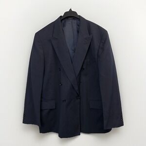 Personal Choice Men's 46R Double Breasted Blazer Wool Blend Navy Blue Hopsack